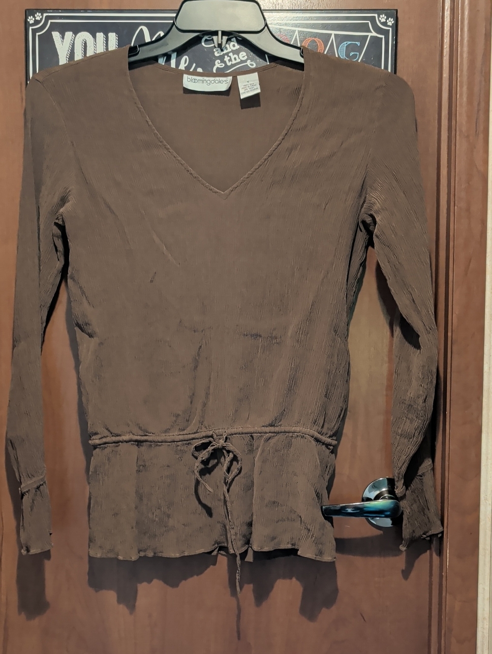 Bloomingdale's Brown Long-Sleeve V-Neck Blouse